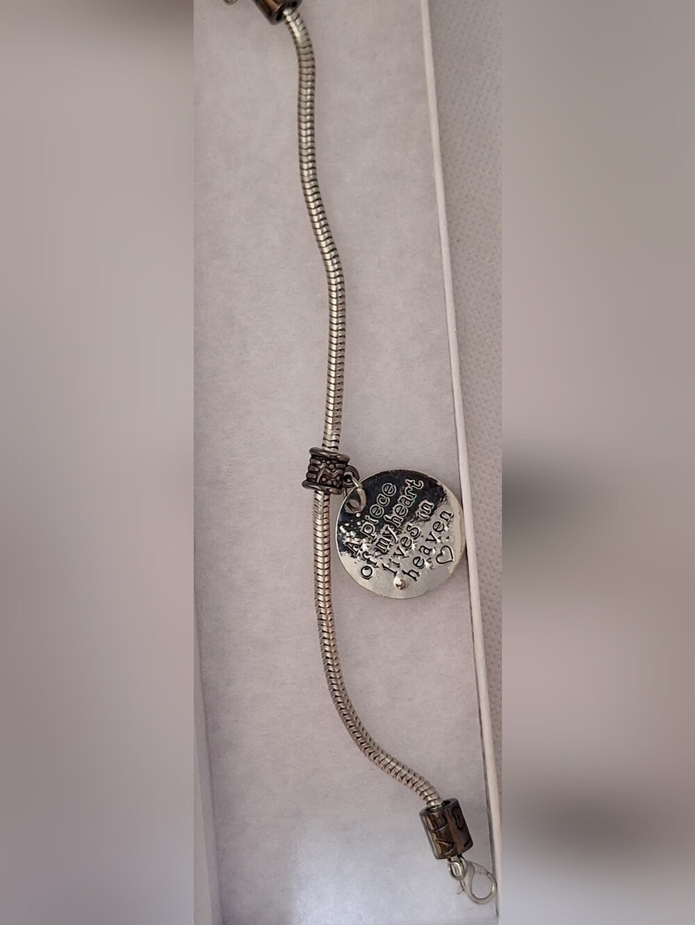 Silver Sentiment Disc Charm Bracelet - "A Piece of My Heart Lives in Heaven"
